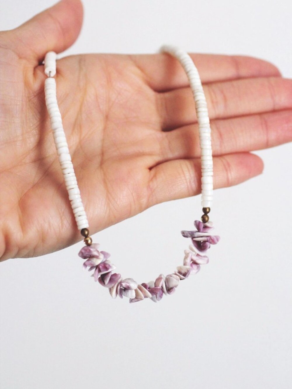 White Heishi Puka Shell Necklace Vintage Chipped Bead Purple Surfer Y2K Boho